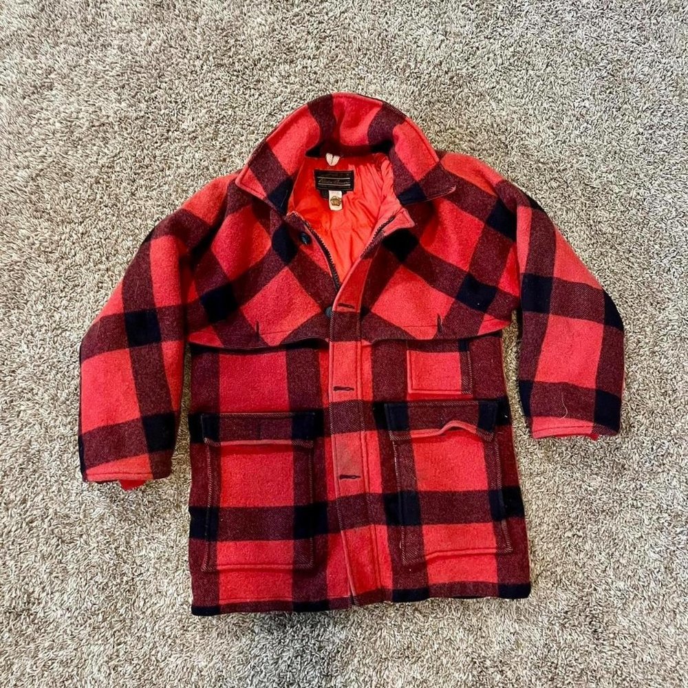 Eddie Bauer Red and Black Buffalo Plaid Wool Pea Coat
